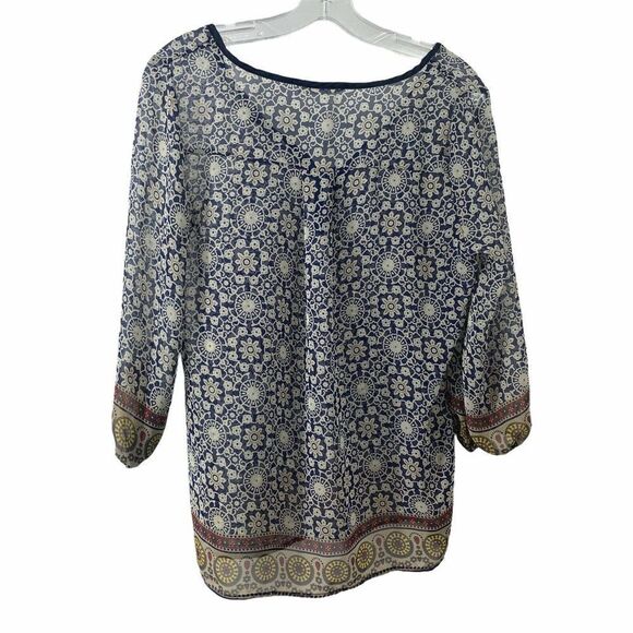 Blue 3/4 Sleeve V Neck Blouse Toile Pattern Boho S - Picture 4 of 6